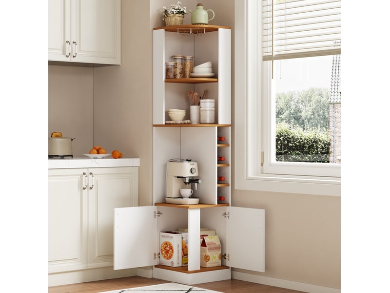  Meuble d’angle bar à vin 40x40x182 cm, mdf blanc, rangement à la verticale, avec porte-verres et support  - Conforama E