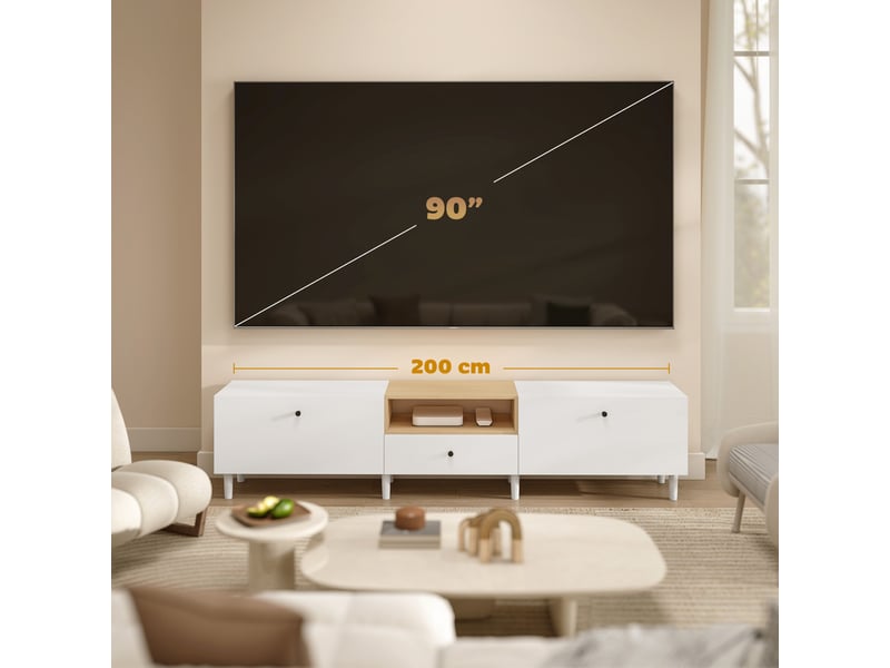  Meuble tv 2 portes abattantes 1 tiroir 1 niche panneau de particules blanc 200x35x45 cm  - Conforama E