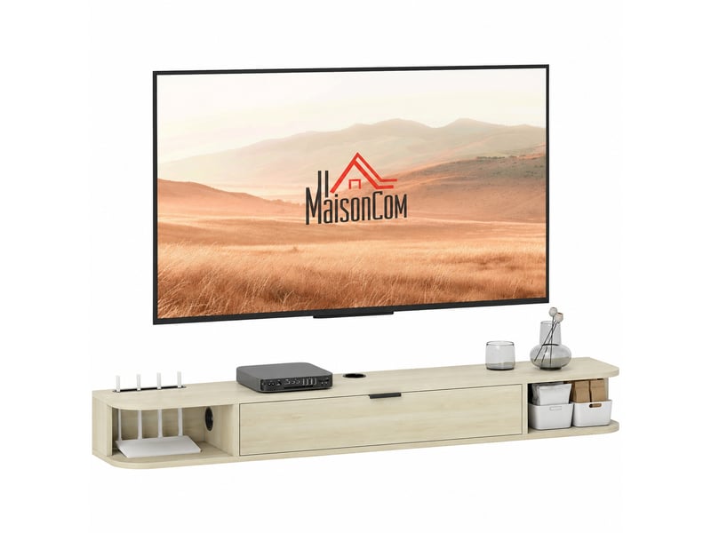  Meuble tv suspendu jusqu'à 60 pouces, abattant, 2 niches, passe-câbles, effet bois naturel, 140 x 24 x 16 cm  - Conforama A