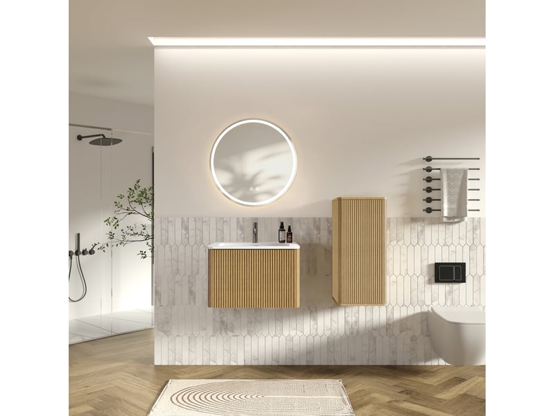  Meuble rangement salle de bain suspendu avec miroir led et lavabo coloris chene homvra  - Conforama C