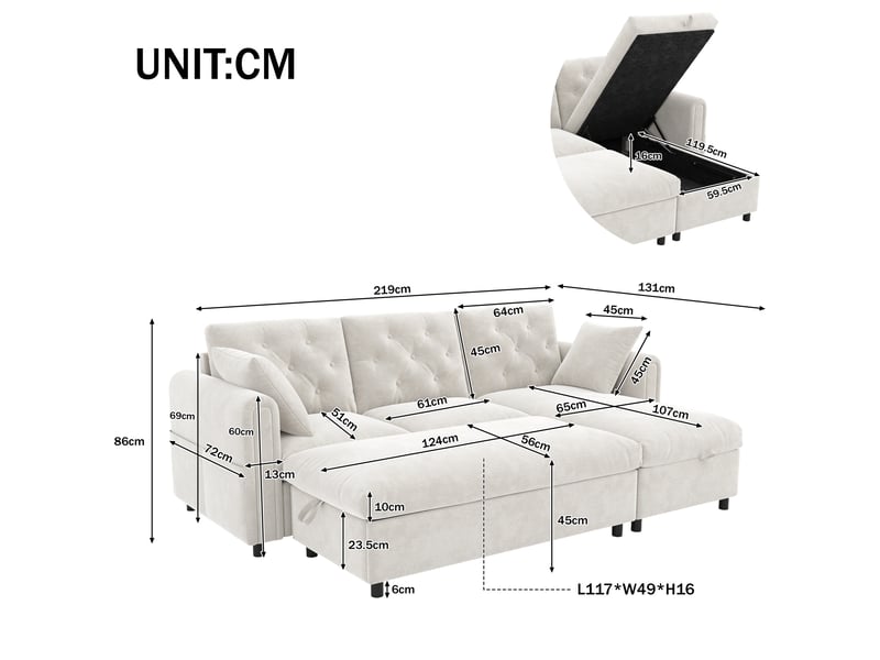  Canapé d'angle 3 places, convertible avec méridienne réversible, tissu beige avec coffre de rangement et pouf pour salon - 219x131x86 cm  - Conforama C