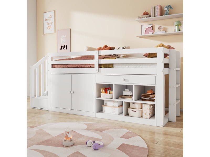  Lit enfant multifonctionnel 90x200 cm rangement tiroirs convertibles escalier réversible bois blanc sans matelas  - Conforama E