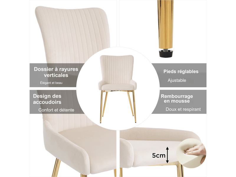  Lot de 4 chaises de salle à manger en velours beige, pieds en métal doré, dossier ergonomique et accoudoirs, salon séjour  - Conforama E