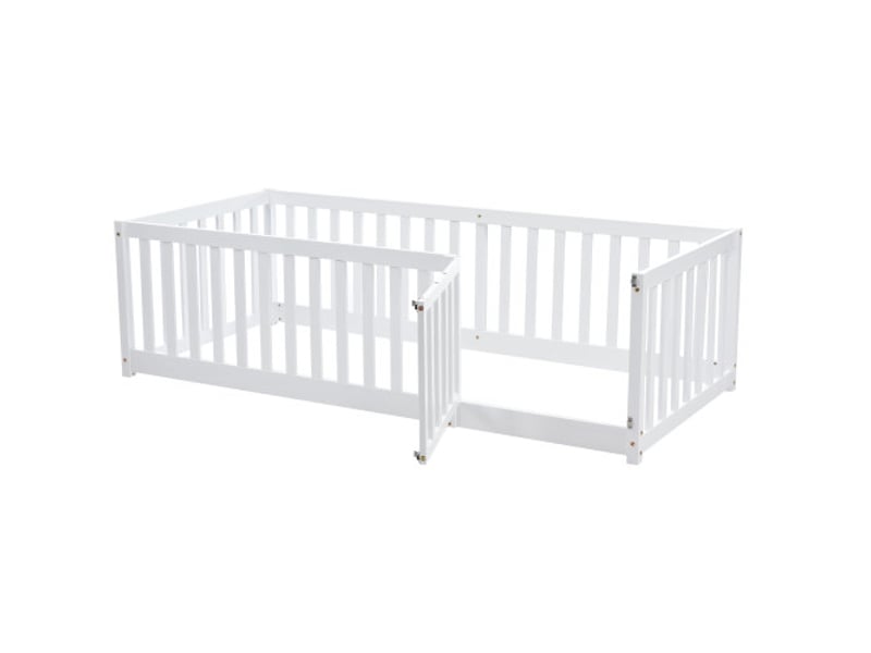 Lit au sol pour enfants en bois massif 90x200cm avec clôture et porte,blanc lit enfant blanc - Conforama D