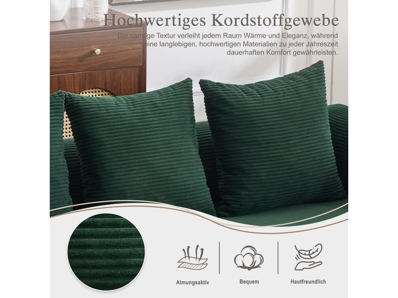  Canapé d'angle convertible modulable en velours côtelé vert émeraude avec pouf et 3 coussins  - Conforama E