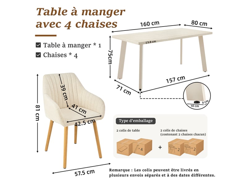 Ensemble table et 4 chaises - table rectangulaire 160x80 cm monobloc en travertin et pieds métal, 4 chaises en chenille crème et pieds bois - Conforama C