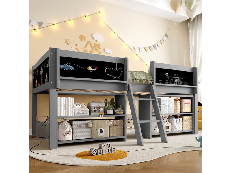  Lit simple 90x200 cm avec plusieurs étagères de rangement, lit enfant avec balustrade, échelle, lit mi-hau, bois de pin, gris  - Conforama C