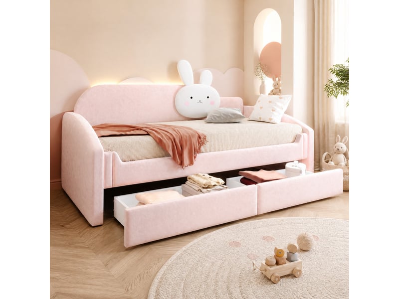  Lit enfant 90x200 cm avec 2 tiroirs et éclairage led en velours rose  - Conforama D
