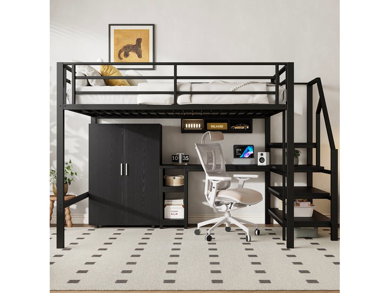  Lit mezzanine enfant 140x200 cm avec bureau et armoire coloris noir  - Conforama E