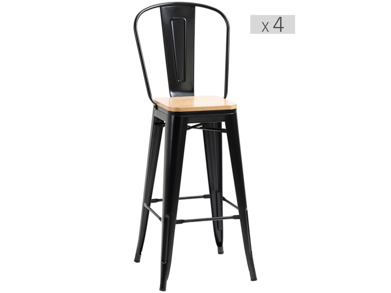  Lot de 4 tabourets de bar industriel avec dossier repose-pied hauteur assise 76 cm métal noir panneaux multicouches imitation bois clair  - Conforama B