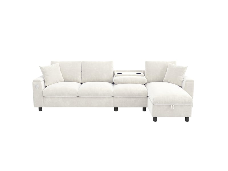 Canapé d'angle convertible réversible 4 places en chenille beige avec rangement - Conforama A
