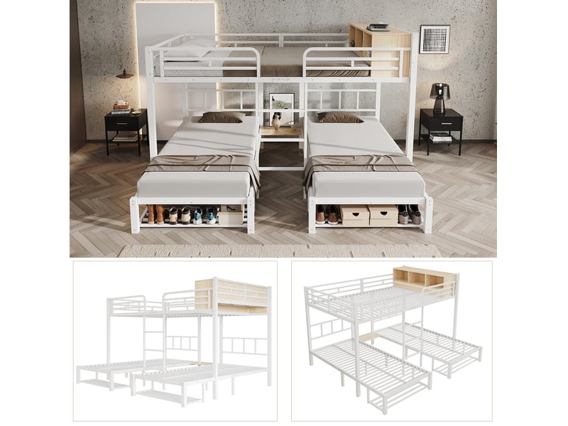 Lit superposé 140 × 200 cm et 90 × 200 cm, 3 places avec étagère et rangement chaussures, sans matelas, métal blanc - Conforama E
