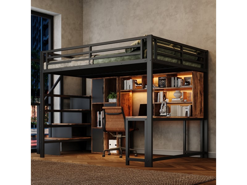  Lit mezzanine 140x200cm avec échelle de rangement, niche ouverte et ruban led, sans matelas, structure robuste en métal noir evarich - Conforama B