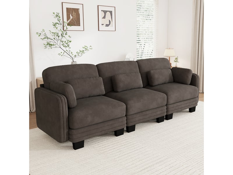 Canapé droit modulable 253 cm 3 places, accoudoirs amovibles, coussins lombaires épais à soutien renforcé, assise à ressorts ensachés, chenille, brun café - Conforama B