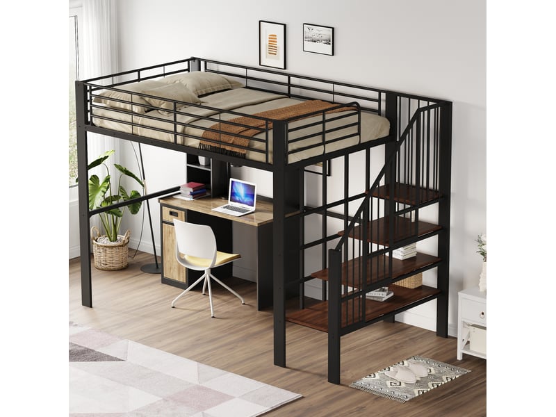 Lit mezzanine 140 x 200 cm gain de place rangement sous-lit métal et bois robuste escalier intégré noir sans matelas  - Conforama W