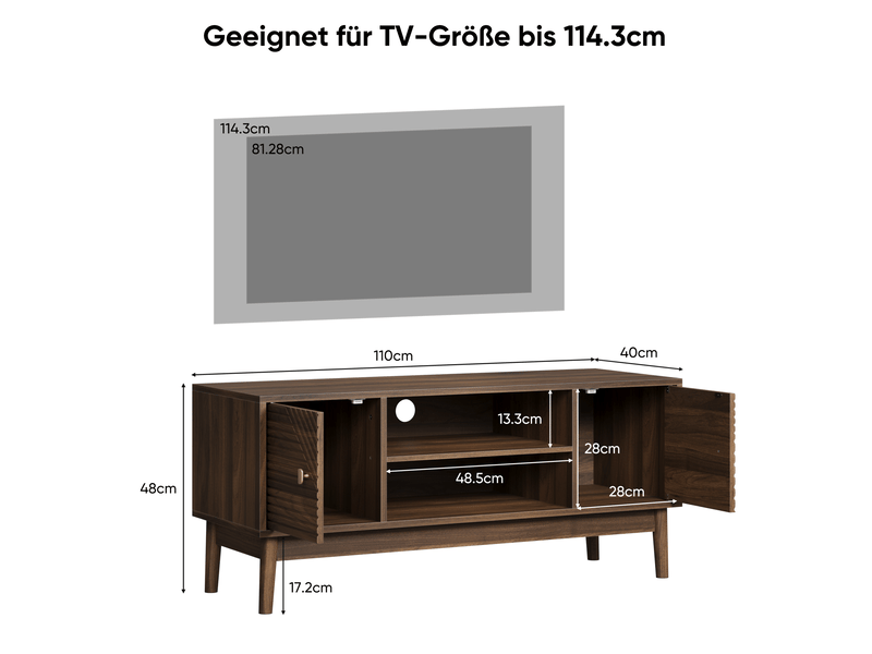  Meuble tv 110x40x48 cm avec grand rangement, banc tv de salon et bureau, 2 portes, structure mdf, coloris noyer élégant  - Conforama C