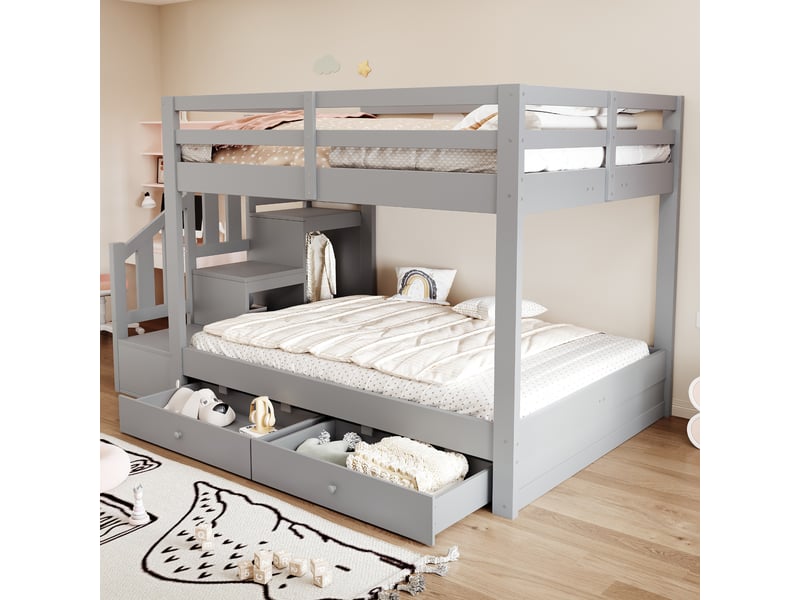 Lit superposé en bois massif 140 x 200 cm – avec escalier de rangement, barrières de sécurité et 2 tiroirs – gris (matelas non inclus) - Conforama D