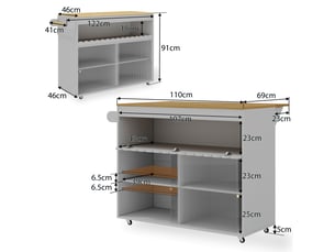 Îlot de cuisine mobile 122 × 46(69) × 91 cm gris, mdf, plateau rabattable chêne, portes coulissantes en verre trempé