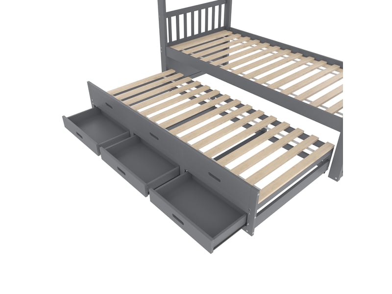  Lit superposé 90 x 200 cm, lit enfant à trois couchages, 3 tiroirs, couchage gigogne, structure en forme de maison, échelle, bois massif, gris Morn Vibe - Conforama E