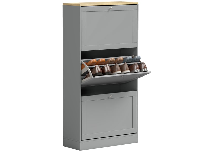  Meuble à chaussures 18 paires, armoire à chaussures avec 3 tiroirs rabattables, étagères réglables, 60x23,5x115cm, gris  - Conforama A