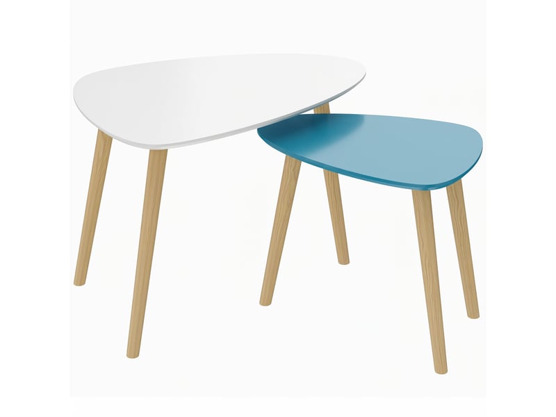  Lot de 2 tables basses gigognes design pieds scandinave en bois et plateau en bois, blanc et bleu  - Conforama B