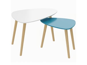 Lot de 2 tables basses gigognes design pieds scandinave en bois et plateau en bois, blanc et bleu