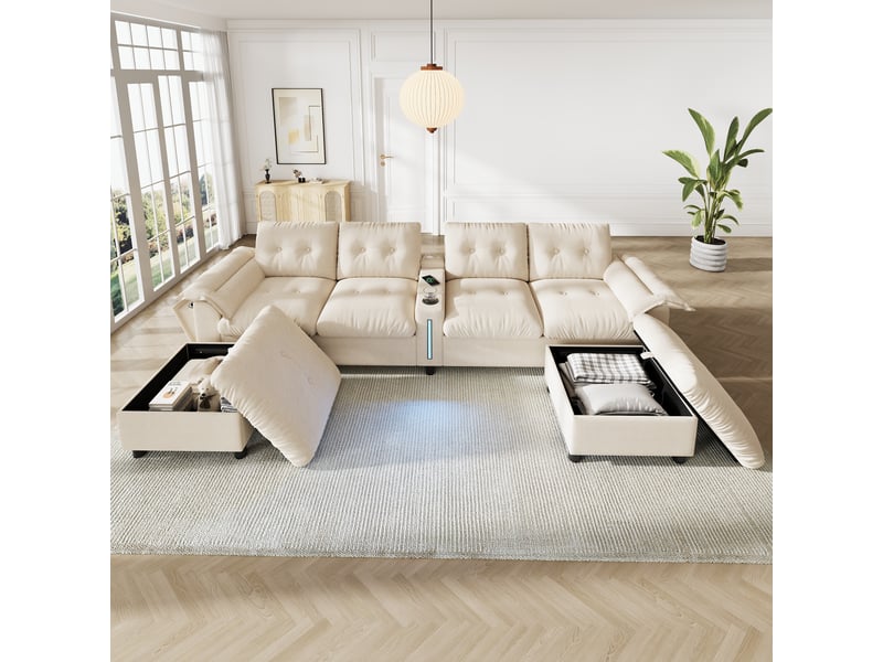  Canapé d'angle modulable - 6 places - forme l - rangements intégrés - éclairage led - usb et type-c - ottomans - pratique - beige CozyNest - Conforama B