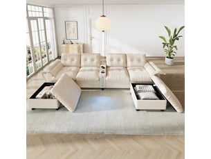 Canapé d'angle modulable - 6 places - forme l - rangements intégrés - éclairage led - usb et type-c - ottomans - pratique - beige