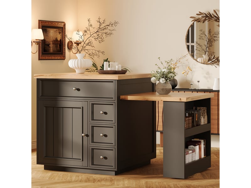  Îlot de cuisine extensible 120–184x70x97 cm avec tiroirs, plateau aspect bois, meuble mobile multifonction, cuisine et bar, noir BUYDEEMEUS - Conforama B