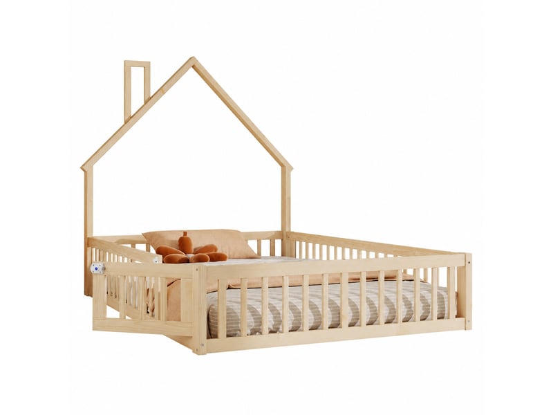  Lit cabane enfant 140 x 190 cm, forme cheminée, sommier à lattes, pin, naturel  - Conforama A