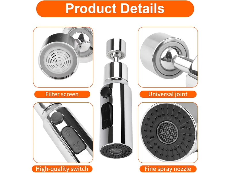  Aérateur de robinet, modes de poignée de douche, robinet économique en eau, eau de cuisine, adaptateur universel de robinet, robinet pivotant argent  - Conforama C