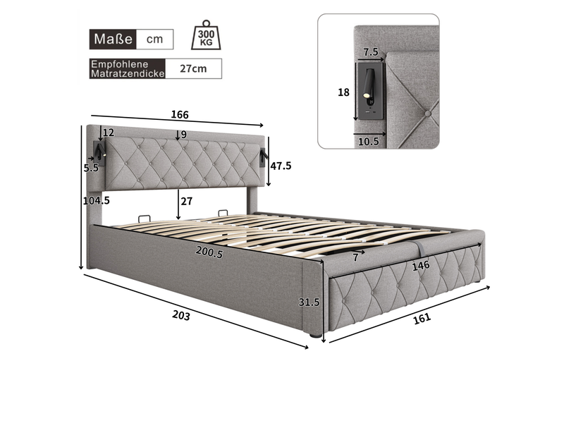 Lit coffre tcqpz 160 x 200 cm rembourré en lin gris avec led, usb, sommier à lattes, tête de lit à motif losange, ouverture hydraulique - Conforama C