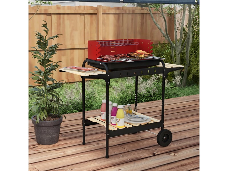  Barbecue au charbon avec grille réglable et 3 étagères (métalbois) – 103 x 47 x 95 cm – rouge  - Conforama C