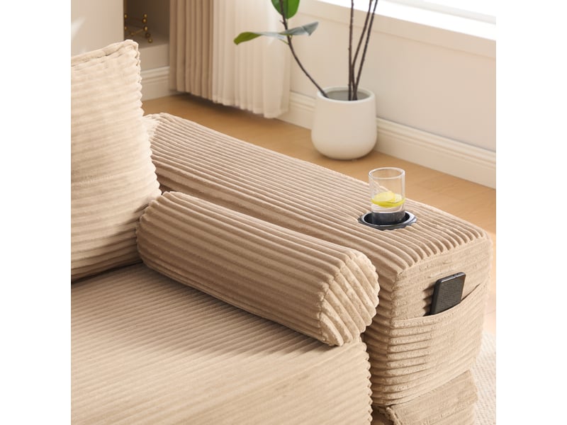 Canapé convertible 2 places en velours côtelé kaki avec tiroir de rangement et porte-gobelet - Conforama R