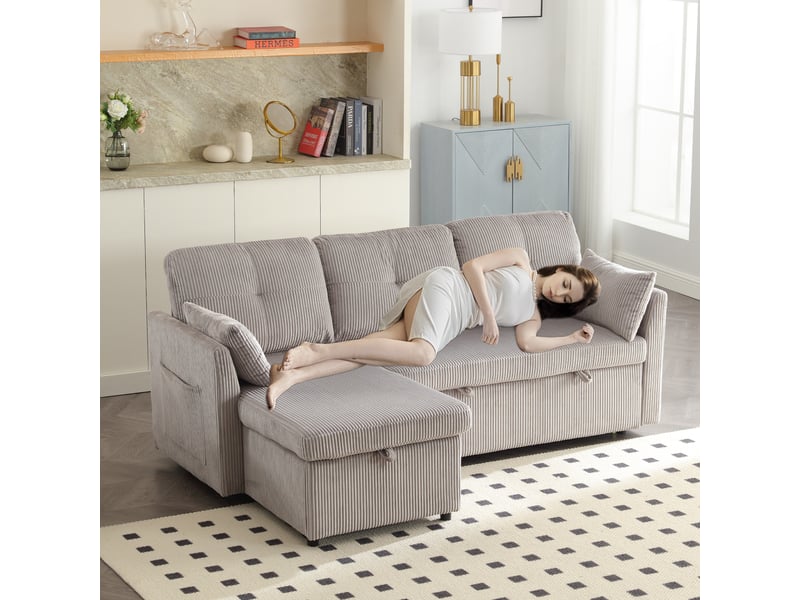  Canapé d'angle convertible 3 places,206x108x66cm,canapé-lit 3 places envelours côtelé avec lit gigogne,méridienne réversible rangement,gris clair  - Conforama D
