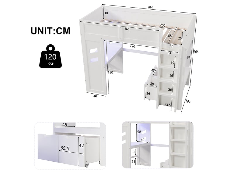  Lit mezzanine 90x200 cm avec bureau, led et rangements blanc  - Conforama C