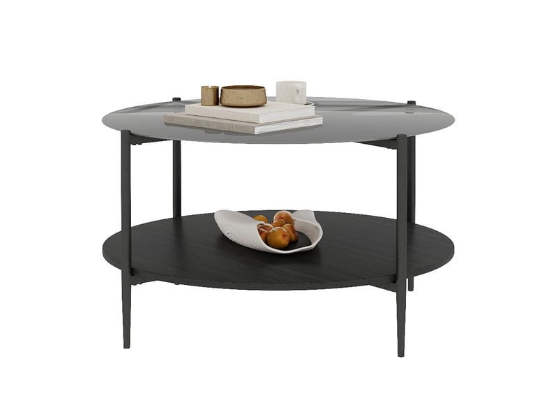  Table basse ronde moderne, avec 2 niveaux et plateau en verre fumé, pour salon, verre, fer, bois, noir  - Conforama A