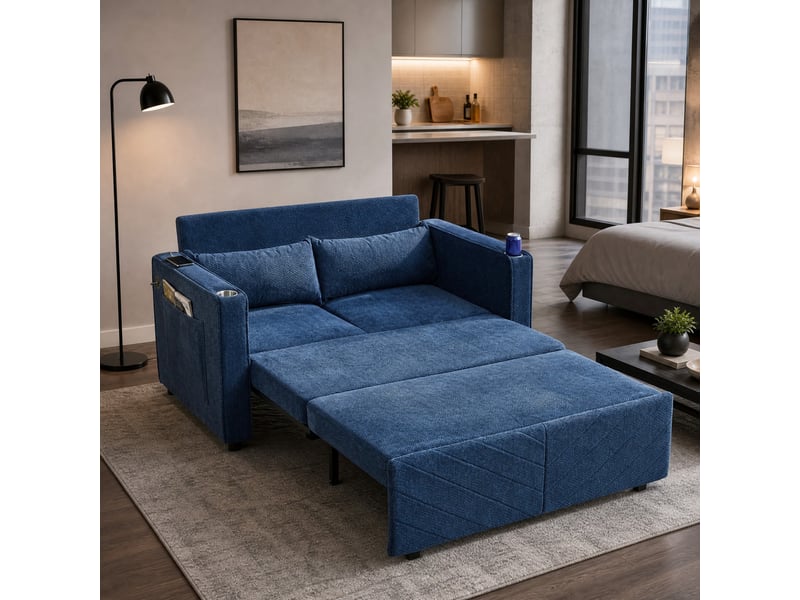 Canapé-lit convertible 2 places ulevr à coulissement avec usb, 195 x 134 x 73 cm, tissu bleu marine - Conforama B