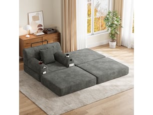 Fauteuil convertible 1 place 107 x 162 x 81 cm avec pouf assorti, dossier haut et 2 porte-gobelets, velours côtelé, gris foncé