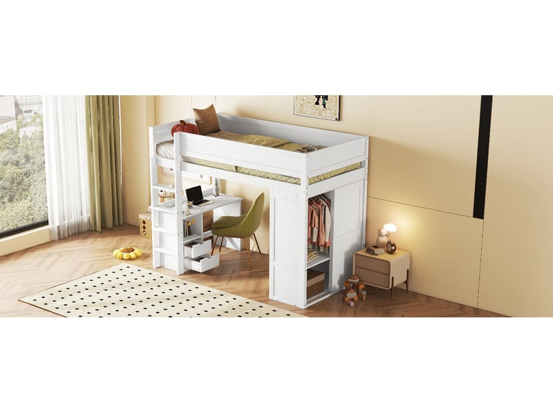  Lit mezzanine enfant 90x200 cm avec bureau et armoire bois et mdf blanc sans matelas  - Conforama D