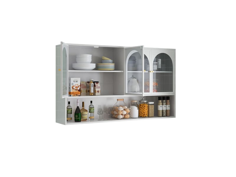  Vitrine 120 cm 120 cm rangement mural meuble de rangement quatre portes vitrées verre gris finition blanche  - Conforama B