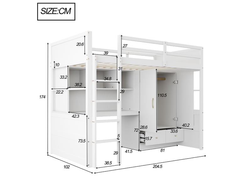  Lit mezzanine, 90x200 cm, lit en hauteur, avec bureau, avec armoire, tiroirs, matelas non inclus, bois, coloris blanc  - Conforama C