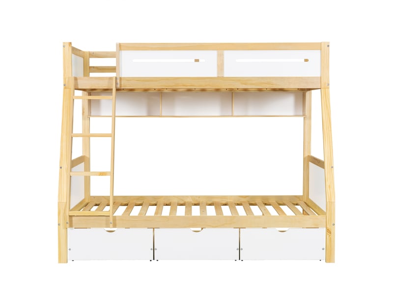  Lit superposé, lit enfant, trois tiroirs à roulettes, pupitre à livres d'images de 2 m, barrière de sécurité sur les quatre côtés et échelle escamotable, pin + mdf + contreplaqué, blanc + naturel, 90 x 200 cm et 120 x 200 cm  - Conforama D