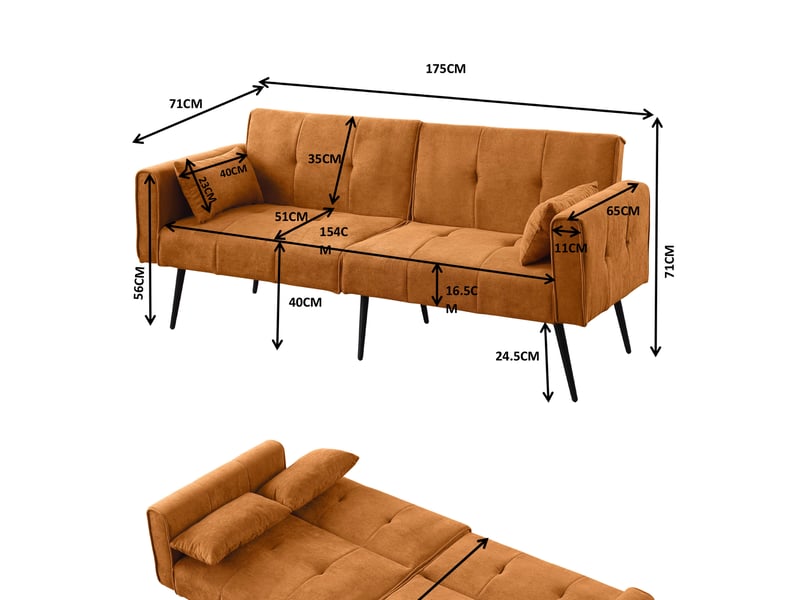  Canapé droit convertible 3 places en velours côtelé orange, format compact et accueillant pour salon ou studio  - Conforama C