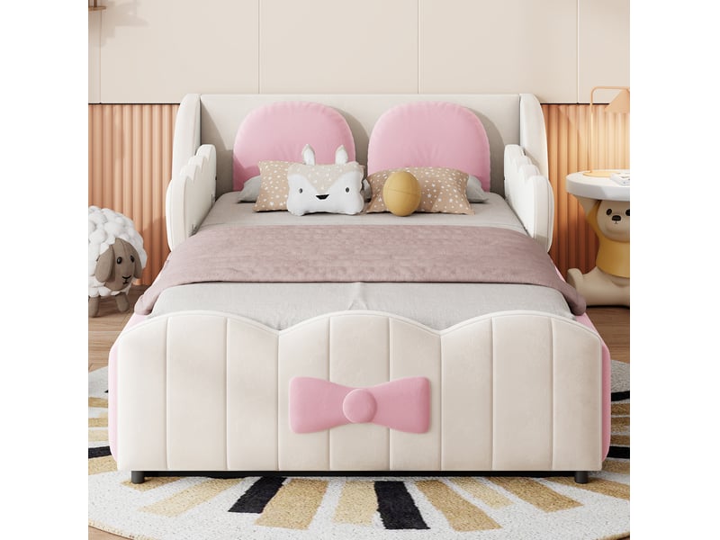  Lit enfant capitonné avec coffre hydraulique en velours beige et rose, 90 x 200 cm  - Conforama D