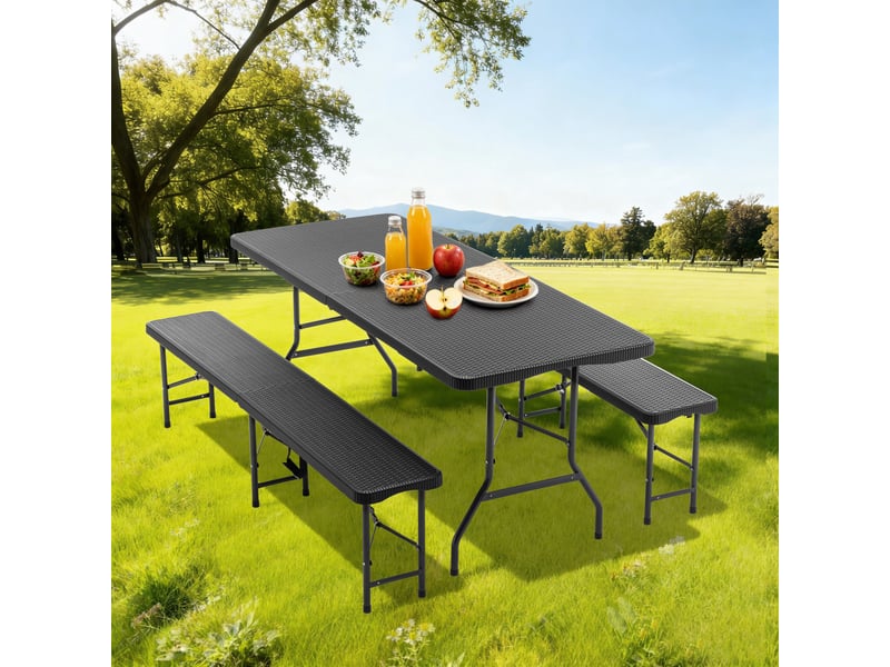  Table de pique-nique pliante avec 2 bancs 180 x 74 cm noire, plateau hdpe, pour 6 personnes en extérieur  - Conforama B