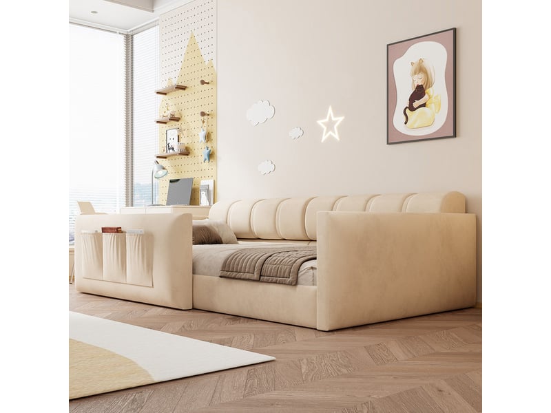  Lit rembourré enfant 90x200cm convertible, avec rangements, tête de lit épaisse, velours beige  - Conforama D