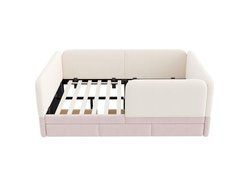 Lit enfant 140x200 cm rose en velours avec contours arrondis, 3 tiroirs et sécurité rembourrée - Conforama E