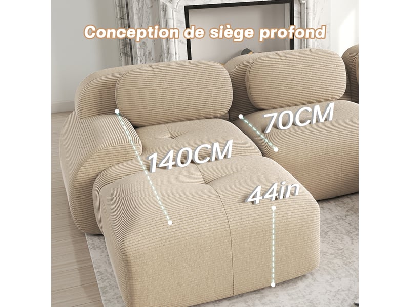  Canapé d'angle modulable 3 places 298cm en velours côtelé beige,confort hautement élastique,accoudoirs galbés,base anti-dérapant 298x178x75cm - Conforama D