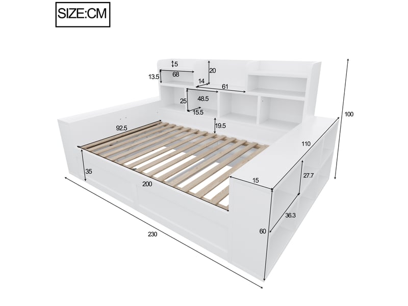 Lit banquette 90x200 cm – blanc – coffre hydraulique, led, prises et étagères intégrées – sans matelas - Conforama C